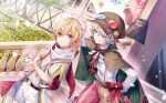  2boys androgynous blonde_hair blue_eyes brown_eyes flower food_fantasy goggles hat height_difference looking_at_another looking_at_viewer multiple_boys official_art pale_skin plant popcorn_(food_fantasy) sandwich_(food_fantasy) silver_hair stairwell standing_on_stairwell tree 