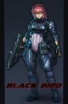  1girl aqua_eyes armor assault_rifle black_gloves bodysuit breasts closed_mouth commentary_request covered_navel dated_commentary english_text fingerless_gloves full_body gloves grey_background gun handgun headset hetza_(hellshock) holding holding_weapon holstered_weapon leg_armor looking_at_viewer medium_breasts medium_hair original pistol red_hair rifle shoulder_armor smile solo weapon 