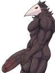  avian balls biceps big_penis black_body black_feathers darkner deltarune feathers genitals half-erect hi_res ling12110 male mask muscular nude pecs penis red_eyes simple_background solo swatchling undertale_(series) vein veiny_penis video_games white_background 