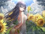  1girl absurdres bangs black_hair blue_eyes blue_sky cloud cloudy_sky dress flower fu_hua gr_greeze hat highres honkai_(series) honkai_impact_3rd long_hair looking_at_viewer looking_to_the_side open_mouth outdoors sky sleeveless sleeveless_dress solo straw_hat sundress sunflower white_dress 