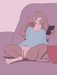  2022 anthro baggy_clothing bottomless bowl clothed clothing container disney female fur furniture genitals grey_body grey_fur hi_res judy_hopps kimbies214 lagomorph leporid mammal partially_clothed phone picking_teeth pubes purple_eyes pussy rabbit relaxing simple_background sofa solo solo_focus spread_legs spreading teeth zootopia 