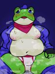 anthro belly blue_eyes blush bodily_fluids breath clothed clothing fingerless_gloves gloves green_body handwear hi_res leprosick male moobs navel nintendo nipples overweight panting partially_clothed slippy_toad solo star_fox sweat toad_(disambiguation) video_games 