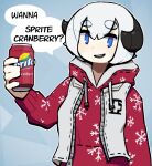  1girl blue_eyes can cosplay d-floe eyebrows_visible_through_hair holding holding_can hood hoodie horns lebron_james lebron_james_(cosplay) long_sleeves looking_at_viewer original parted_lips real_life red_hoodie short_hair smile solo sprite_(drink) teeth upper_teeth white_hair 