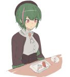  1girl ajiitou bangs beret breasts buttons disappointed food fork green_hair hat highres indie_virtual_youtuber ketchup long_sleeves multicolored_hair office_lady purple_eyes rice sausage short_hair solo streaked_hair table terumi_koizumi virtual_youtuber white_background 