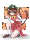  1girl animal_ear_fluff animal_ears brown_eyes brown_hair cat_ears cat_tail chen claw_pose full_body gao green_headwear hair_between_eyes hat looking_at_viewer mob_cap multiple_tails nekomata one_knee open_mouth short_hair solo tail touhou tsubakipan two_tails 