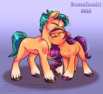  cuddling dragonfoxgirl earth_pony equid equine female hair hasbro hi_res hitch_trailblazer_(mlp) hooves horse male mammal mlp_g5 my_little_pony pony purple_hair sunny_starscout_(mlp) turquoise_hair 