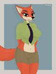  absurd_res animal_humanoid bottomwear canid canid_humanoid canine canine_humanoid clothing disney eyelashes female fox fox_humanoid fur green_eyes hi_res humanoid mammal mammal_humanoid navel necktie nick_wilde orange_body orange_fur shirt shorts simple_background solo topwear zees1 zootopia 