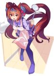  1girl animal_ears apron bent_over brown_hair commentary_request daiwa_scarlet_(umamusume) fang highres horse_ears horse_girl horse_tail kitchen kuroto_mato long_hair looking_at_viewer open_mouth red_eyes school_uniform solo tail thighhighs tiara tracen_school_uniform umamusume 