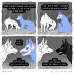  2022 ambiguous_gender blue_eyes canid canine chatsvoid detailed_background digital_media_(artwork) duo english_text feral forest fox grass hi_res mammal night outside paws plant standing teeth text tree 