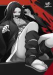  1girl absurdres artist_name bamboo bit_gag checkered claw_pose gag hands_up highres kamado_nezuko kimetsu_no_yaiba long_hair long_sleeves looking_at_viewer monochrome mouth_hold open_clothes red_background red_eyes shimmer signature solo very_long_hair wide_sleeves 