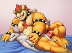  2022 anthro armband bed bedding belly big_belly big_muscles blush bodily_fluids body_hair bowser bracelet chest_hair claws collar cum cum_drip cum_in_ass cum_inside cum_on_self cumshot danipika dripping duo ejaculation erection eyebrows facial_hair furniture genital_fluids genitals hair handjob hi_res horn human human_on_anthro humanoid_genitalia humanoid_penis interspecies jewelry koopa larger_anthro lying male male/male mammal mario_bros musclegut muscular muscular_anthro muscular_male navel nintendo nude on_back on_bed on_side open_mouth open_smile overweight overweight_anthro overweight_male penile penis penis_size_difference scalie sex shell signature size_difference smaller_human smile spiked_armband spiked_bracelet spiked_collar spiked_shell spikes spikes_(anatomy) stubble teeth tongue vein video_games 