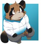  2022 absurd_res anthro belly black_nose blush brown_body canid canine censored clothing genitals hi_res hoodie humanoid_genitalia humanoid_hands humanoid_penis kemono male mammal overweight overweight_male penis raccoon_dog siretoko_panda solo tanuki topwear young 