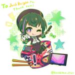  1girl beret chibi chopsticks commission controller cup_ramen drawing_tablet green_hair hat highres indie_virtual_youtuber kirishima_pict looking_at_viewer microphone multicolored_hair nintendo_switch office_lady one_eye_closed purple_eyes ribbon short_hair skeb_commission smile solo star_(symbol) streaked_hair terumi_koizumi tongue tongue_out twitter_username two-tone_hair virtual_youtuber 