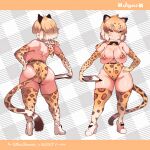  absurdres alternate_costume animal_ears ass bikini blonde_hair breasts character_name clipboard detached_collar elbow_gloves gloves groin highleg highres iparuputsua jaguar_(kemono_friends) jaguar_ears jaguar_girl jaguar_print jaguar_tail japari_symbol kemono_friends large_breasts micro_bikini multiple_views short_hair smile swimsuit tail thighhighs yellow_eyes 