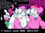  aged_up armband blush bovid bully bullying caprine deltarune dialogue dinosaur foot_fetish frist44 goat hi_res horn laugh mammal pawpads ralsei reptile scalie scarf smile smirk susie_(deltarune) tickling undertale_(series) video_games wristband 