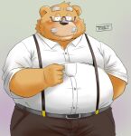  2022 anthro black_nose blush bottomwear clothing container cup eyewear facial_hair glasses humanoid_hands kemono male mammal mature_male mustache overweight overweight_male pants shirt simple_background solo suspenders topwear toshi_(artist) ursid 