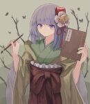  1girl bangs bare_tree blunt_bangs book bug butterfly closed_mouth flower green_kimono hair_flower hair_ornament hakama hieda_no_akyuu highres holding holding_book holding_paintbrush japanese_clothes kimono long_sleeves looking_at_viewer ookashippo outdoors paintbrush purple_eyes purple_hair red_hakama smile solo touhou tree upper_body wide_sleeves 