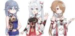  3girls absurdres bangs bare_shoulders black_hair blue_dress blue_eyes breasts brown_dress brown_hair china_dress chinese_clothes cleavage closed_mouth dress flower fu_hua fu_hua_(valkyrie_accipter) hair_flower hair_ornament highres honkai_(series) honkai_impact_3rd kiana_kaslana kiana_kaslana_(divine_prayer) long_hair looking_at_viewer multiple_girls open_mouth purple_eyes rita_rossweisse rita_rossweisse_(artemis) scarlet23i0 simple_background sleeveless sleeveless_dress smile twintails white_background white_flower white_hair 