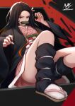  1girl absurdres artist_name bamboo bit_gag black_hair brown_hair checkered claw_pose commentary_request gag gradient_hair hands_up highres japanese_clothes kamado_nezuko kimetsu_no_yaiba kimono long_hair long_sleeves looking_at_viewer mouth_hold multicolored_hair obi open_clothes pink_kimono red_background red_eyes sash shimmer signature solo very_long_hair wide_sleeves 