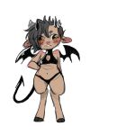  1:1 2021 accessory anthro band-aid bandage biped blush bovid bovine broken_horn brown_body brown_fur cattle chest_tuft cleavage_cutout clenched_teeth clothed clothing costume demon_costume devil_costume digital_media_(artwork) fake_horns fake_tail fake_wings female flat_chested fur grey_hair grey_horn hair halloween hand_behind_back hi_res holidays hooves horn looking_at_viewer mammal manitka manitka_(character) navel orange_eyes panties simple_background solo teeth topwear tuft underwear white_background wings 