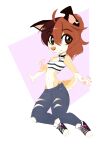  5_fingers anthro breasts brown_eyes brown_hair canid canine canis clothed clothing domestic_dog female fingers footwear hair mammal midriff navel shoes smile solo wolflady 