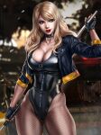  1girl black_canary black_gloves black_leotard blonde_hair blue_eyes breasts cleavage cowboy_shot cropped_jacket dandon_fuga dc_comics fingerless_gloves fishnet_legwear fishnets gloves highres jacket large_breasts leather leather_jacket leotard lips red_lips solo thick_lips thick_thighs thigh_gap thighs weapon zipper 