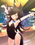  1girl absurdres animal_ears arms_up bar bare_legs black_hair blurry blurry_background breasts cleavage closed_eyes commentary_request hair_over_one_eye highres horse_ears horse_girl horse_tail mellpon playboy_bunny rice_shower_(umamusume) small_breasts solo tail umamusume 