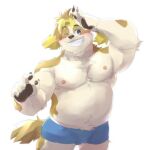  anthro belly blue_eyes blush bottomwear canid canine canis clothing domestic_dog floppy_ears grin hi_res hisaki_(live-a-hero) lifewonders live-a-hero male mammal meimei_kia musclegut navel nipples one_eye_closed pawpads pecs shorts smile solo swimwear video_games wink 