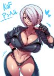  1girl angel_(kof) blue_eyes breasts chaps cleavage cropped_jacket fingerless_gloves gloves hair_over_one_eye highres large_breasts looking_at_viewer navel panties short_hair simple_background smile solo the_king_of_fighters tukiwani underwear white_background white_hair 