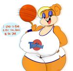  anthro ball basketball_(ball) basketball_uniform bedroom_eyes big_breasts blonde_hair breasts buckteeth cleavage clothed clothing english_text female hair hi_res huge_breasts lagomorph leporid looking_at_viewer mammal mature_anthro mature_female narrowed_eyes nipple_outline open_mouth orange_body ota_(artist) patricia_bunny rabbit seductive solo space_jam sportswear sweatband teeth text the_looney_tunes_show thick_thighs uniform warner_brothers wide_hips 