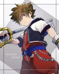  1boy blue_eyes brown_hair commentary_request fingerless_gloves gloves highres keyblade kingdom_hearts looking_at_viewer male_focus ponzu_tas short_hair solo sora_(kingdom_hearts) spiked_hair 