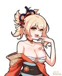  1girl :d bandages bangs bare_shoulders black_sash blonde_hair breasts chest_sarashi chest_tattoo choker cleavage collarbone commentary_request dated densaneraa eyebrows_visible_through_hair genshin_impact hand_up highres japanese_clothes kimono korean_commentary large_breasts looking_at_viewer obi off_shoulder orange_kimono ponytail red_choker sarashi sash short_hair shoulder_tattoo simple_background smile solo tattoo upper_body white_background yellow_eyes yoimiya_(genshin_impact) 