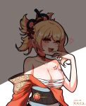  1girl :d bandages bangs bare_shoulders black_sash blonde_hair breasts chest_sarashi chest_tattoo choker cleavage collarbone commentary_request dated densaneraa eyebrows_visible_through_hair genshin_impact hand_up heart highres japanese_clothes kimono korean_commentary large_breasts looking_at_viewer obi off_shoulder orange_kimono ponytail red_choker sarashi sash short_hair shoulder_tattoo smile solo tattoo upper_body white_background yellow_eyes yoimiya_(genshin_impact) 