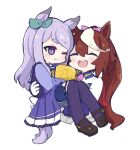  2girls :d ;) ^_^ animal_ears asymmetrical_gloves bangs blue_gloves blush bow brown_footwear brown_hair carrying chibi closed_eyes closed_mouth commentary_request ear_ribbon eyebrows_visible_through_hair gloves green_ribbon hair_between_eyes hair_bow highres hitomiz horse_ears horse_girl horse_tail jacket long_hair long_sleeves mejiro_mcqueen_(umamusume) mismatched_gloves multicolored_hair multiple_girls one_eye_closed pink_bow pleated_skirt ponytail princess_carry purple_legwear purple_shirt purple_skirt ribbon school_uniform shirt shoes simple_background skirt smile streaked_hair swept_bangs tail teeth thighhighs tokai_teio_(umamusume) tracen_school_uniform trophy umamusume upper_teeth very_long_hair white_background white_gloves white_hair white_jacket 