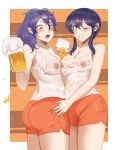  2girls :o ;) absurdres alcohol beer beer_mug black_hair blush breast_press breasts commission commissioner_upload covered_nipples cup deliciousbra fir_(fire_emblem) fire_emblem fire_emblem:_genealogy_of_the_holy_war fire_emblem:_the_binding_blade fire_emblem_heroes grabbing highres hooters larcei_(fire_emblem) long_hair mug multiple_girls nipples one_eye_closed open_mouth orange_shorts ponytail purple_eyes shirt short_hair shorts simple_background smile wet wet_clothes wet_shirt white_shirt yuri 