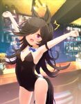 1girl @_@ absurdres animal_ears arms_up bar bare_legs black_hair blurry blurry_background blush breasts cleavage commentary_request hair_over_one_eye highres horse_ears horse_girl horse_tail mellpon open_mouth playboy_bunny purple_eyes rice_shower_(umamusume) small_breasts solo sweat sweating_profusely tail umamusume 