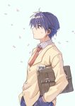  1boy aqua_background bag bangs blue_eyes blue_hair clannad closed_mouth commentary_request hair_between_eyes hand_in_pocket hikarizaka_private_high_school_uniform holding jacket male_focus mitsuyo_(mituyo324) necktie okazaki_tomoya pants petals profile red_necktie school_bag school_uniform simple_background solo upper_body yellow_jacket 