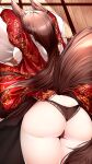  1girl absurdres akagi_(azur_lane) animal_ears ass azur_lane backboob breasts brown_panties brown_tail butt_crack from_above from_behind highres indoors japanese_clothes kimono large_breasts long_hair panties red_kimono samip thighs underwear very_long_hair 