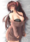  1girl black_bra blush bra breasts brown_hair brown_sweater candy cherry_blossoms chocolate flower food food_in_mouth hair_flower hair_intakes hair_ornament heart heart-shaped_chocolate high_ponytail highres huge_breasts kantai_collection long_hair long_sleeves mouth_hold off-shoulder_sweater off_shoulder official_alternate_costume red_eyes rekka_yamato sidelocks smile solo sweater underwear very_long_hair yamato_(kancolle) 
