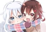  2girls ahoge alternate_costume blue_eyes blush brown_coat brown_eyes brown_hair brown_mittens coat fang hair_between_eyes hair_ornament hairclip hibiki_(kancolle) highres ikazuchi_(kancolle) kantai_collection long_hair long_sleeves mittens multiple_girls namekuji_(namekuzu) open_mouth scarf short_hair silver_hair skin_fang upper_body 