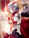  1boy 5girls alcohol apron bangs banner blue_dress blush bow braid closed_eyes closed_mouth cup dress drinking_glass hair_between_eyes hat hat_ribbon highres holding holding_cup hong_meiling izayoi_sakuya maid_apron mob_cap multiple_girls orange_hair pointy_ears purple_hair red_bow red_hair red_nails red_ribbon remilia_scarlet ribbon short_hair smile smug solo_focus sorani_(kaeru0768) table touhou twin_braids white_dress white_hair wine wine_glass 