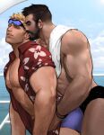  2boys bara bare_pectorals beard black_hair black_male_swimwear blonde_hair blue_male_swimwear bracelet cloud dark-skinned_male dark_skin day facial_hair goggles goggles_on_head grabbing grabbing_from_behind grillmaster:_76 hawaiian_shirt highres interracial jang_ju_hyeon jewelry large_pectorals looking_at_another male_focus male_swimwear multiple_boys muscular muscular_male mustache nipples official_alternate_costume open_clothes open_shirt outdoors overwatch parted_lips pectorals reaper_(overwatch) reward_available shirt short_hair sideburns sky soldier:_76_(overwatch) swim_trunks towel towel_on_one_shoulder undercut yaoi 