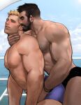  2boys arm_hair bara beard black_hair black_male_swimwear blonde_hair blue_male_swimwear blush bracelet chest_hair closed_eyes closed_mouth cloud dark-skinned_male dark_skin day facial_hair grabbing grabbing_from_behind hand_on_another&#039;s_neck highres interracial jang_ju_hyeon jewelry large_pectorals male_focus male_swimwear multiple_boys muscular muscular_male mustache nipples outdoors overwatch parted_lips pectorals reaper_(overwatch) reward_available short_hair sideburns sky soldier:_76_(overwatch) swim_trunks undercut yaoi 