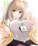  1girl bangs blonde_hair blue_archive breasts darudana eyebrows_visible_through_hair green_eyes halo highres id_card jacket lap_pillow_invitation large_breasts nonomi_(blue_archive) open_clothes open_jacket side_bun skirt 