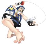  1boy bangs bare_legs barefoot blonde_hair blue_eyes bridget_(guilty_gear) cross eiji_(eiji) feet fingerless_gloves foot_focus gloves guilty_gear guilty_gear_xx hair_between_eyes highres male_focus nun open_mouth otoko_no_ko toes yo-yo 