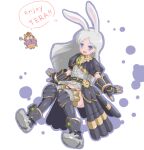  1girl animal_ears armor armored_boots bangs black_armor black_panties blue_eyes blush boots commentary_request dress elin faulds full_body gauntlets grey_dress grey_hair lancer_(tera_online) long_hair looking_at_viewer open_mouth panties rabbit_ears shimotsuki_nozomi short_dress smile solo swept_bangs tera_online underwear 