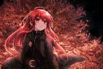  1girl bangs belt belt_buckle black_belt black_jacket blush buckle closed_mouth commentary_request eyebrows_visible_through_hair hair_between_eyes jacket jewelry long_hair long_sleeves looking_away open_clothes open_jacket pendant red_eyes red_hair shakugan_no_shana shana smile solo tachitsu_teto tree very_long_hair 