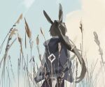  1girl amiya_(arknights) animal_ears arknights black_hair black_jacket black_legwear e-fa-dorn facing_away from_behind hood hood_down hooded_jacket jacket long_hair pantyhose ponytail rabbit_ears solo very_long_hair wheat_field 