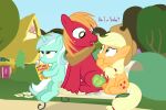  applejack_(mlp) bench big_macintosh_(mlp) blonde_hair book clothing cowboy_hat cutie_mark dm29 equid equine female freckles friendship_is_magic green_eyes hair hat headgear headwear hi_res himbo horn lyra_heartstrings_(mlp) male mammal my_little_pony sitting unicorn yoke 