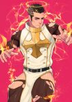  1boy bara black_bodysuit bodysuit facial_hair feet_out_of_frame fire frown halo highres looking_at_viewer male_focus maorenc mature_male muscular muscular_male mustache pyrokinesis reward_available short_hair sideburns solo thick_eyebrows thick_thighs thighs tokyo_afterschool_summoners torn_bodysuit torn_clothes zabaniya_(housamo) 